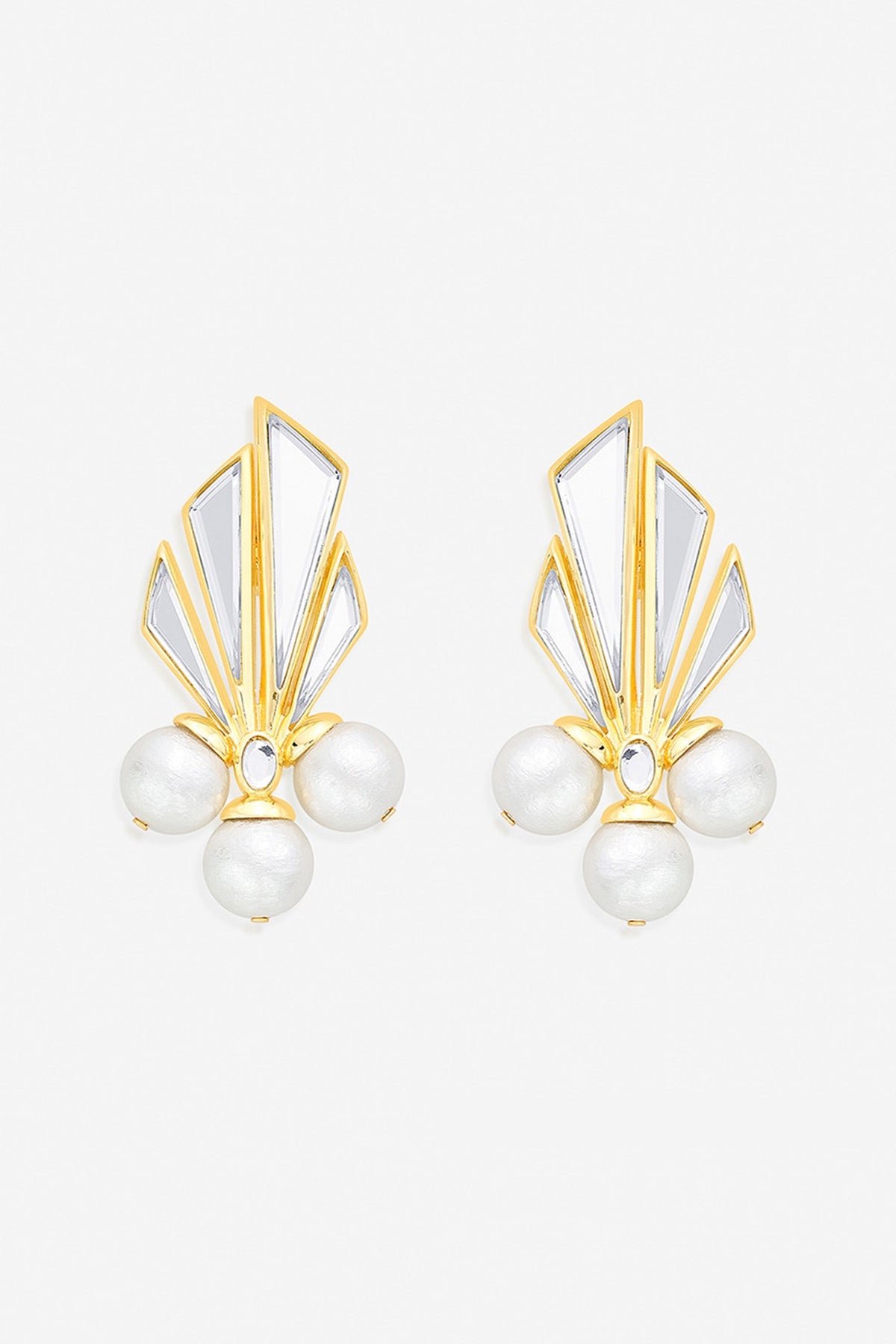 Gold Finish Pearl & Mirror Stud Earrings