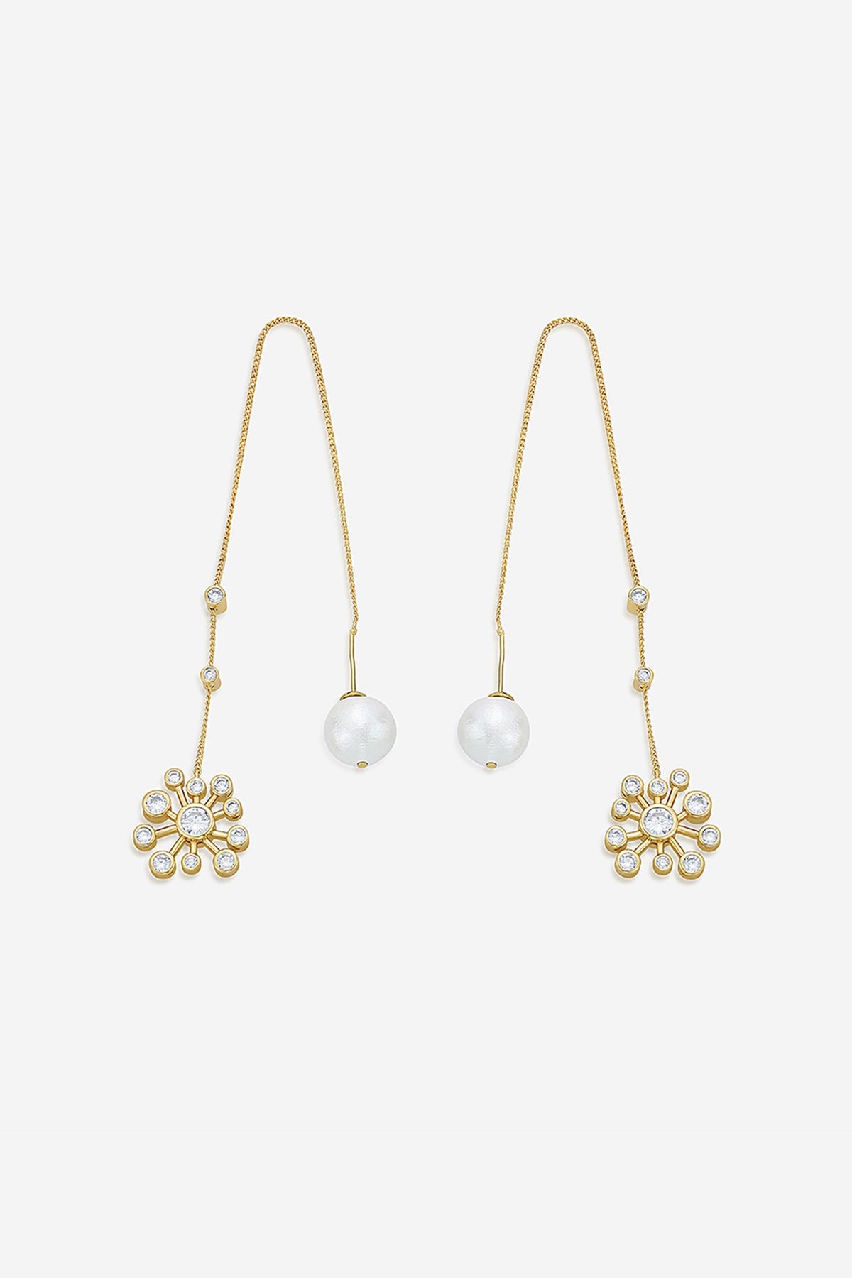 Gold Finish Mirror & Pearls Stud Earrings