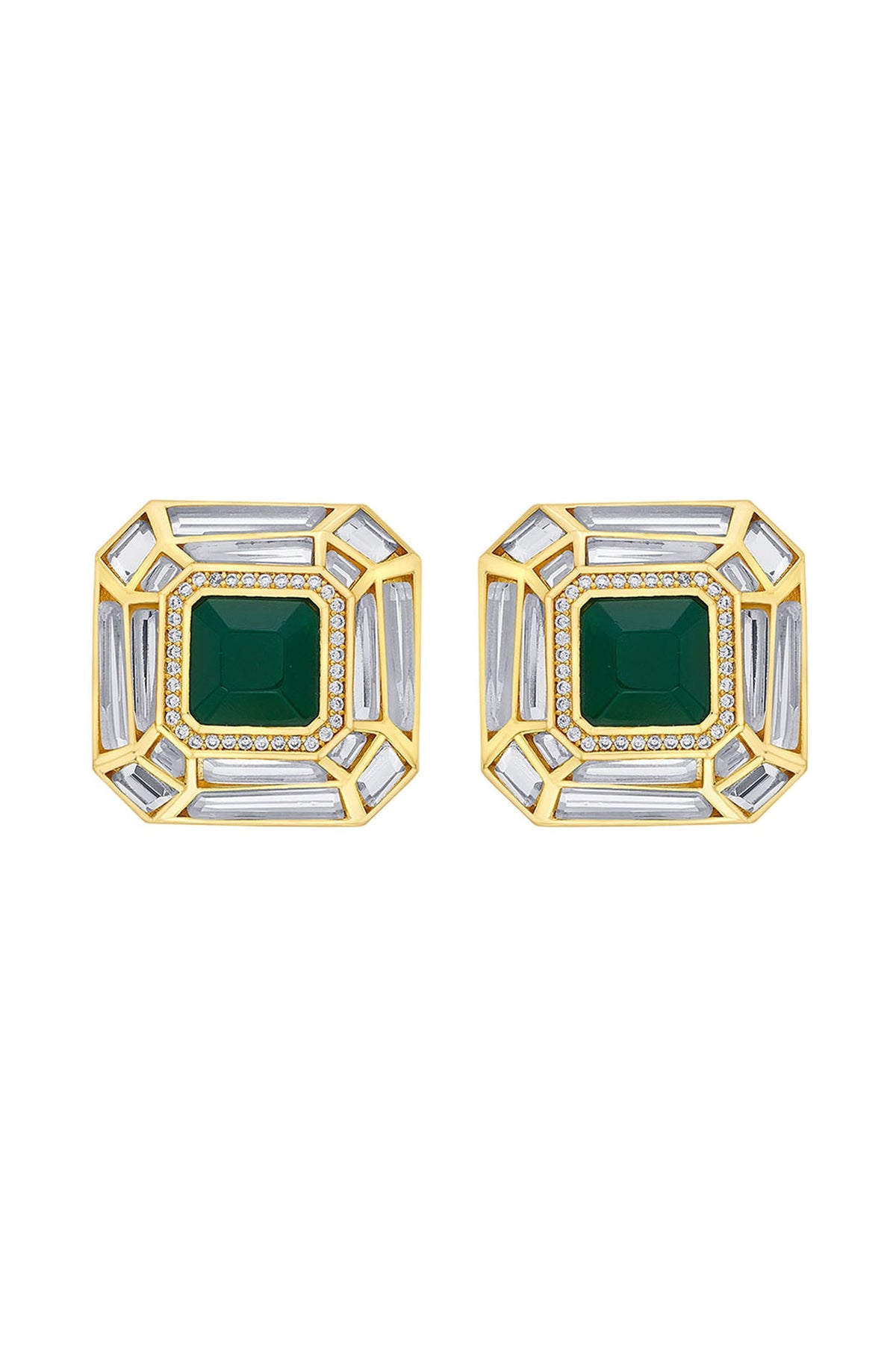 Gold Plated Hydro Emerald & Mirror Stud Earrings