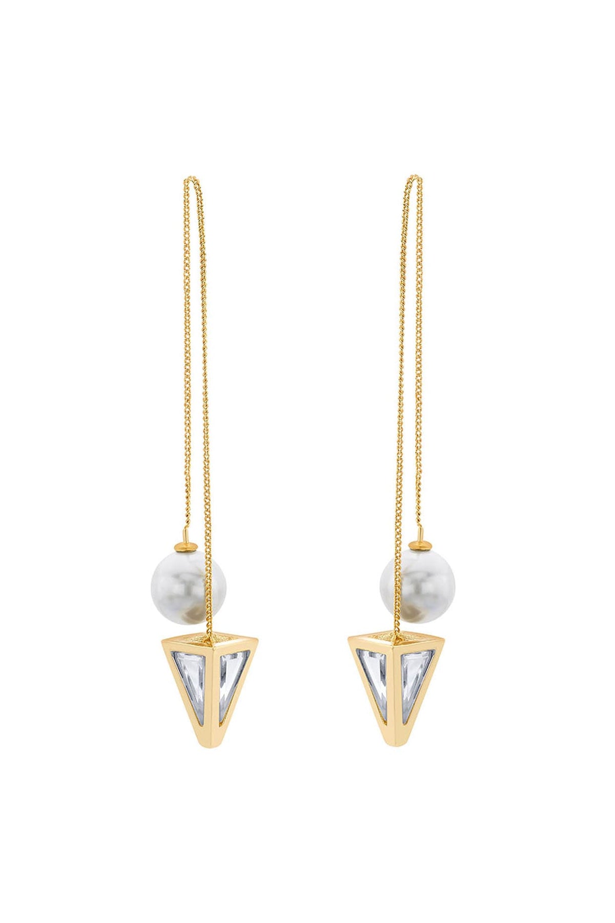 Gold Plated Mirror & Pearl Threader Dangler Earrings