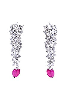 White Finish Synthetic Emerald Stone & Swarovski Dangler Earrings In Sterling Silver