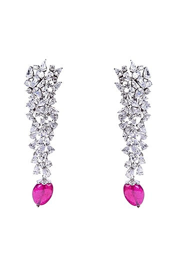 White Finish Synthetic Emerald Stone & Swarovski Dangler Earrings In Sterling Silver