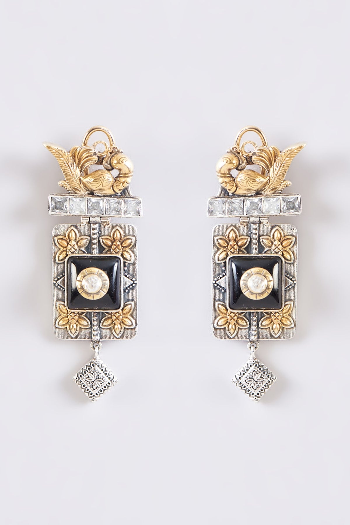 Two Tone Plated Moissanite Polki & Black Onyx Dangler Earrings In Sterling Silver