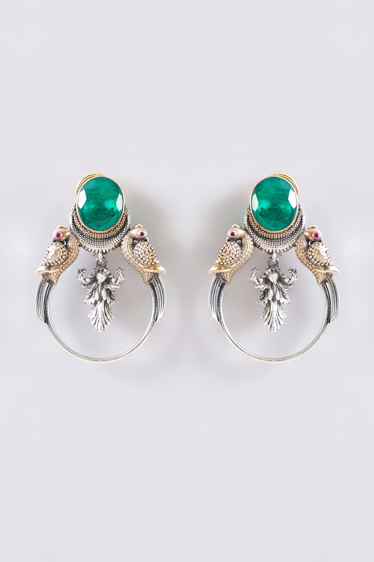Two Tone Plated Moissanite Polki & Emerald Stud Earrings In Sterling Silver