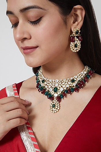 Gold Plated Kundan Polki Necklace Set In Sterling Silver