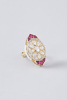 Gold Plated Ruby & Moissanite Polki Handcrafted Ring In Sterling Silver