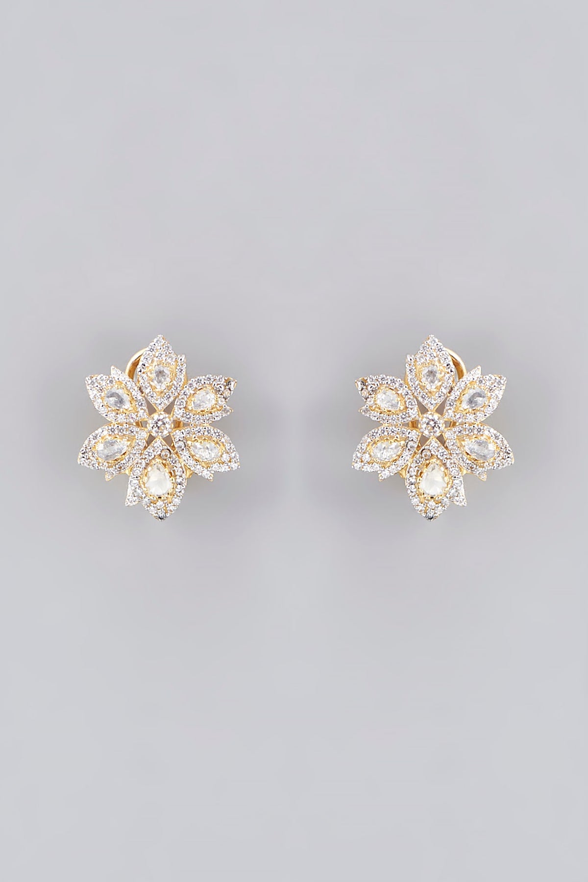 Gold Plated Moissanite Polki Handcrafted Stud Earrings In Sterling Silver