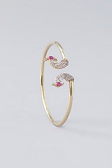 Gold Plated Ruby & Moissanite Polki Handcrafted Cuff In Sterling Silver