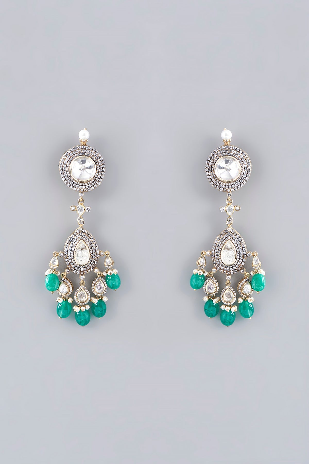 Gold Plated Emerald Beads & Moissanite Polki Handcrafted Dangler Earrings In Sterling Silver
