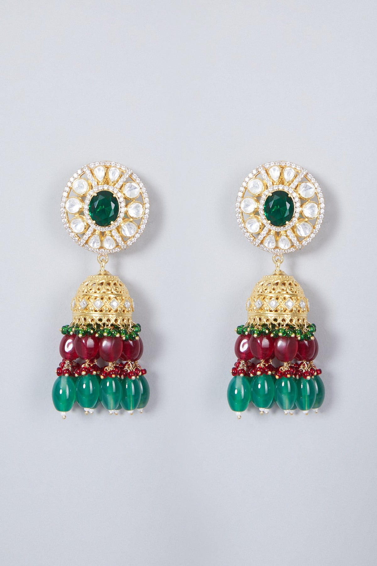 Gold Plated Kundan Polki & Emerald Earrings In Sterling Silver