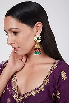 Gold Plated Kundan Polki & Emerald Earrings In Sterling Silver