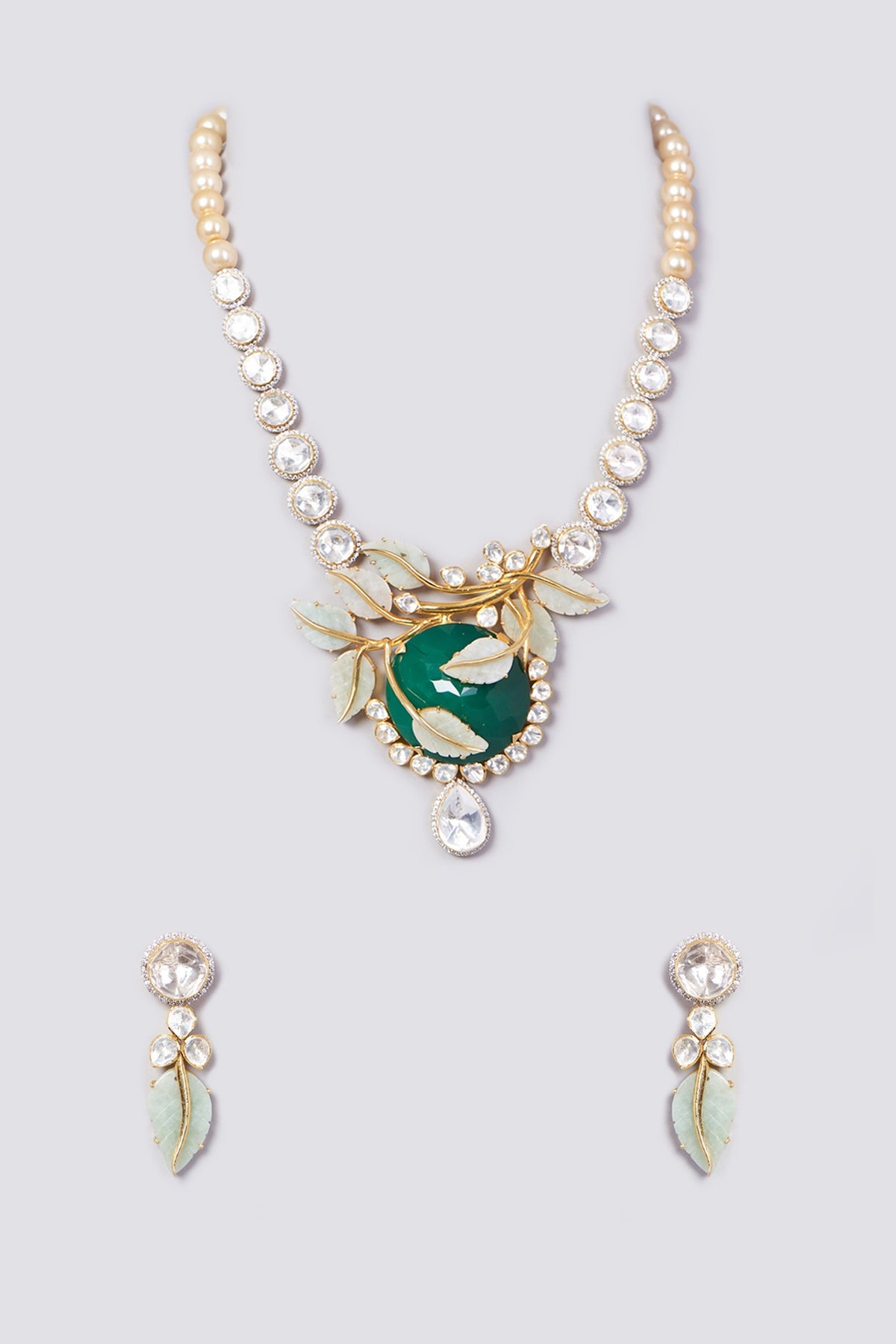 Gold Plated Handcrafted Green Onyx Necklace Set In Sterling Silver