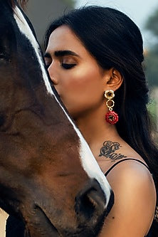 Gold Finish Enameled Floral Dangler Earrings
