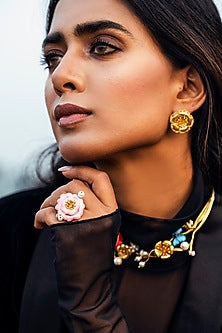 Gold Finish Enameled Pearl Floral Ring