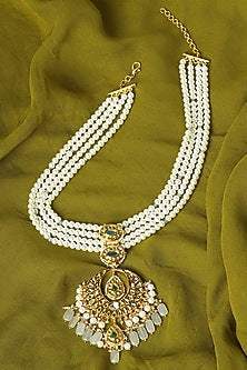 Gold Finish Jade & Shell Pearl Long Necklace