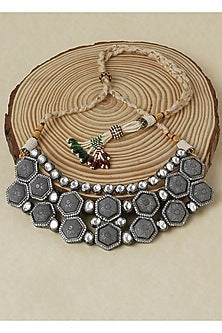Gold Finish Carved Grey Stones Necklace
