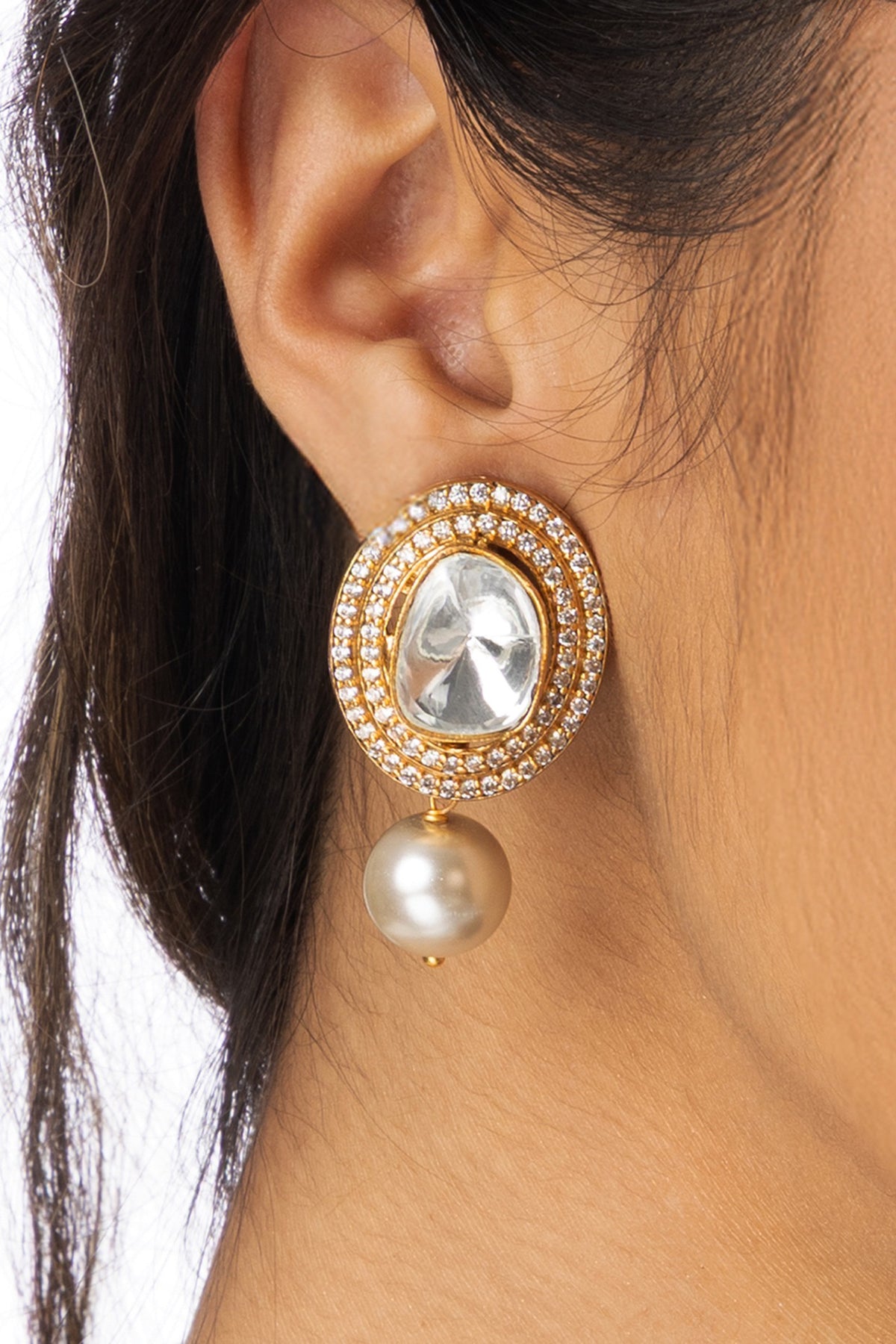 Gold Plated Pear-Shaped White Stone Dangler Earrings