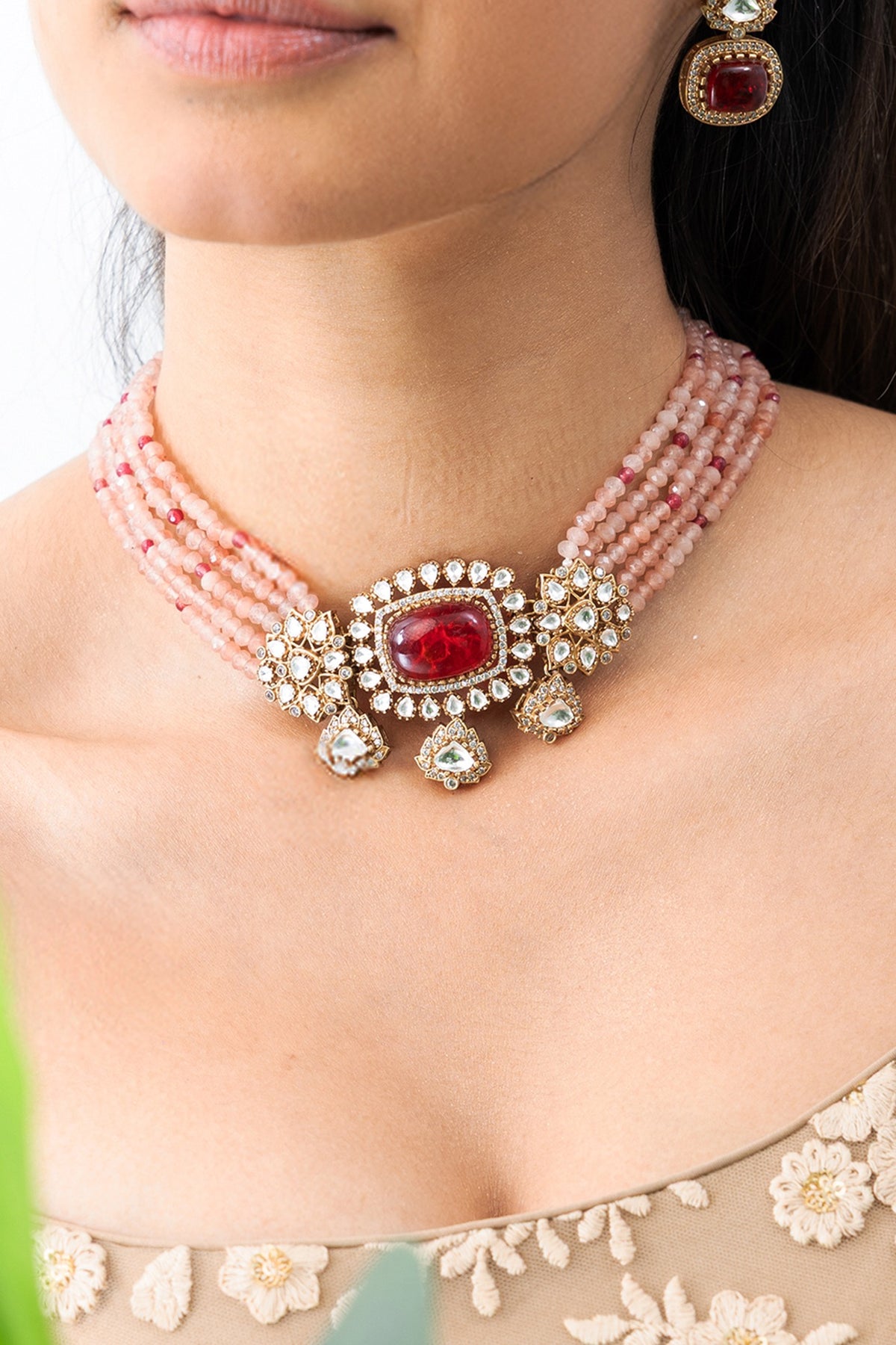 Gold Plated Pink Beaded & Threadwork Choker Necklace Set