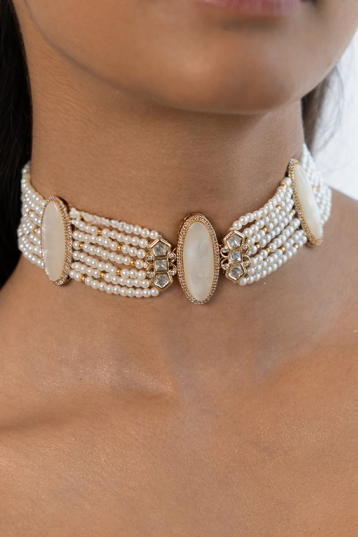 Gold Plated White Beaded Choker Necklace Set