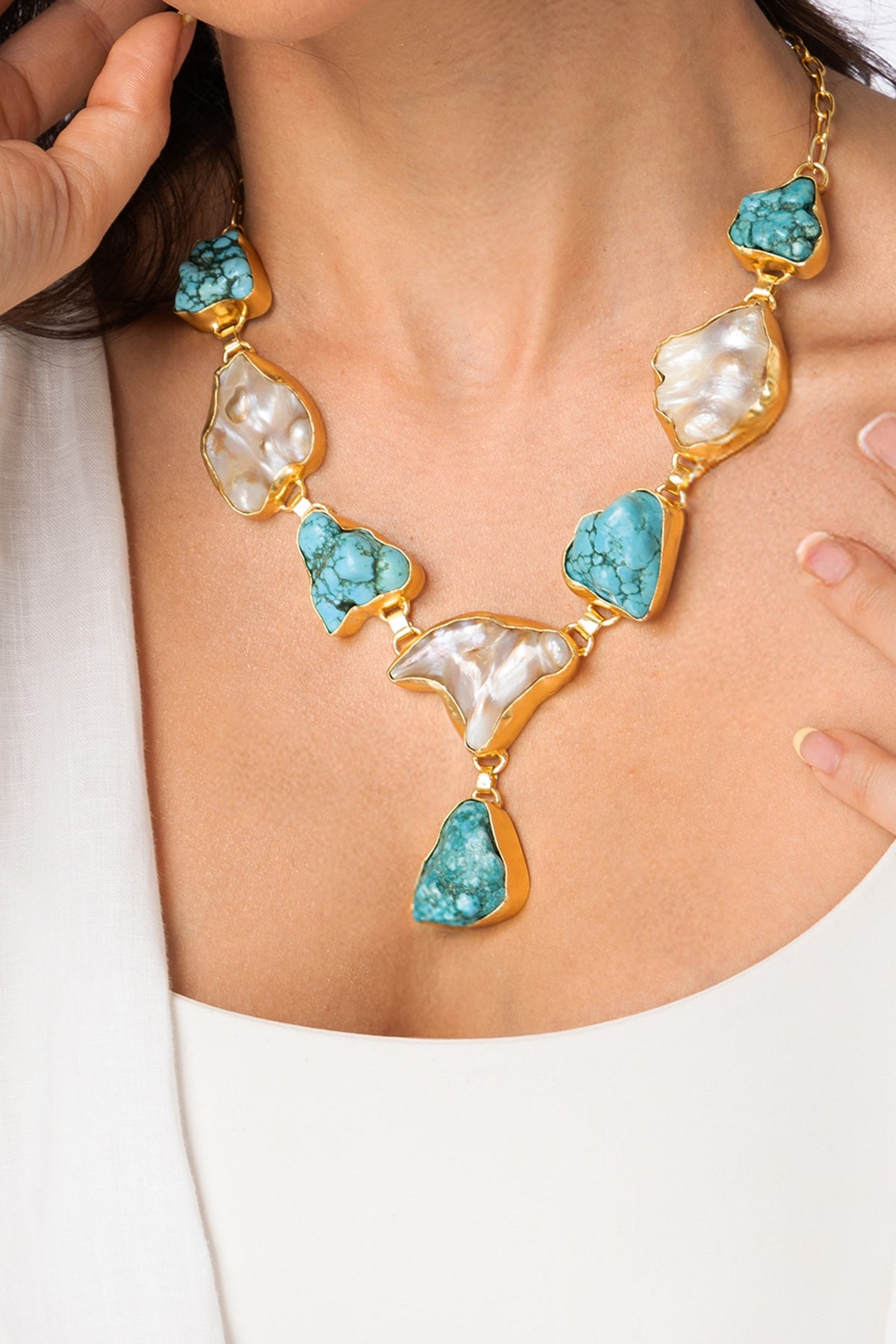 Gold Plated Blue & White Stone Necklace