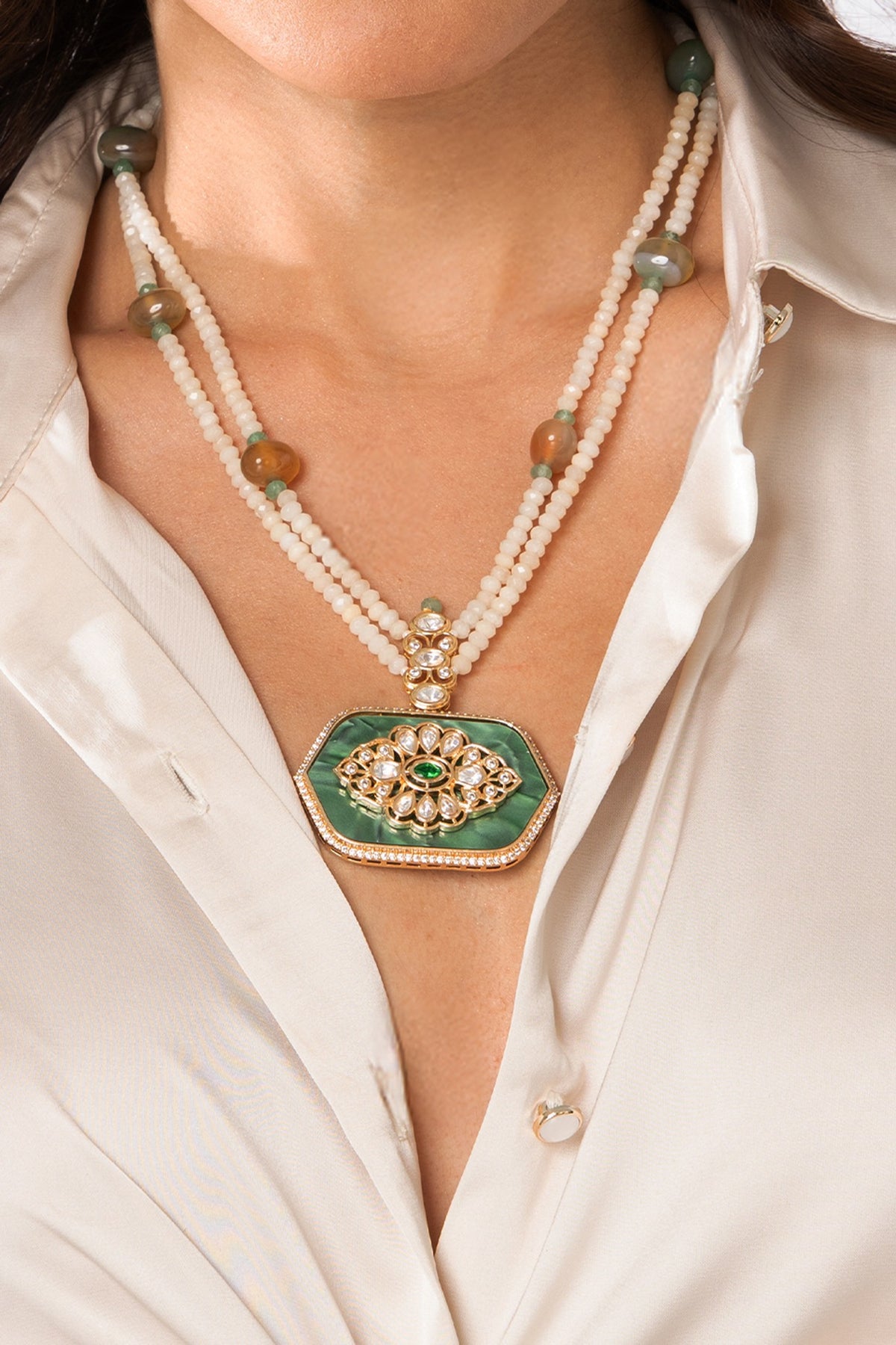 Gold Plated Beaded Layered Pendant Necklace Set