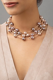 Gold Finish Shell Pearls & Swarovski Necklace