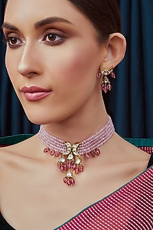 Gold Finish Kundan Polki Necklace Set