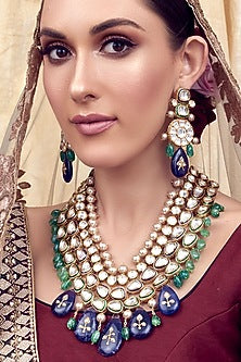 Gold Finish Blue Agate Necklace Set