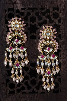 Gold Finish Pink Jade Beads Chandbali Earrings