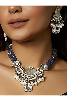 Gold Finish Blue Agate Stone & Kundan Polki Necklace Set