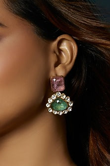 Gold Finish Cabachon Pink & Green Hydro Tourmaline Dangler Earrings