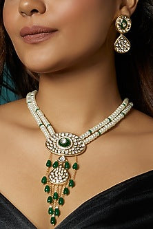 Gold Finish Polki & Pearl Necklace Set
