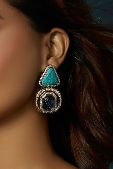 Gold Finish Cubic Zirconia & Carved Onyx Stone Stud Earrings