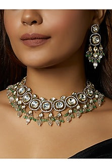 Gold Finish Green Onyx & Kundan Polki Choker Necklace Set