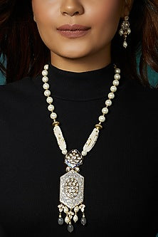 Gold Finish Kundan Polki & Grey Enamelled Long Pendant Necklace Set