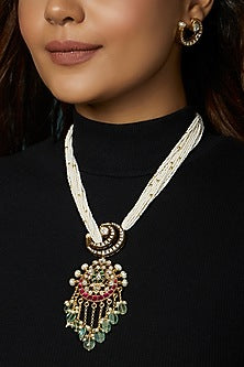 Gold Finish Polki & Pearl Long Pendant Necklace Set