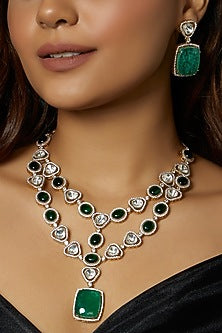 Gold Finish Kundan Polki & Emerald Necklace Set