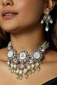 Gold Finish Kundan Polki & Green Agate Choker Necklace Set