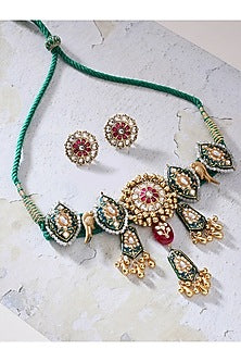 Gold Finish Kundan Polki & Blue Enamelled Choker Necklace Set