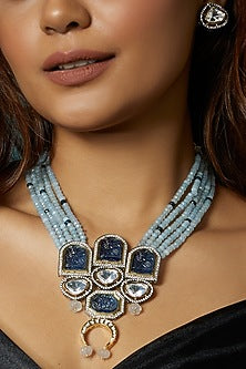 Gold Finish Blue Agate Bead & Kundan Polki Necklace Set