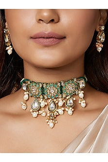 Gold Finish Kundan Polki & Green Enamelled Choker Necklace Set
