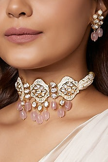 Gold Finish Polki & Pink Quartz Drop Necklace Set
