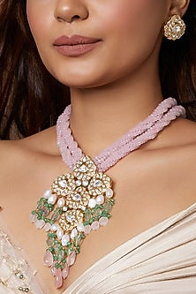 Gold Finish Kundan Polki Pendant Necklace Set