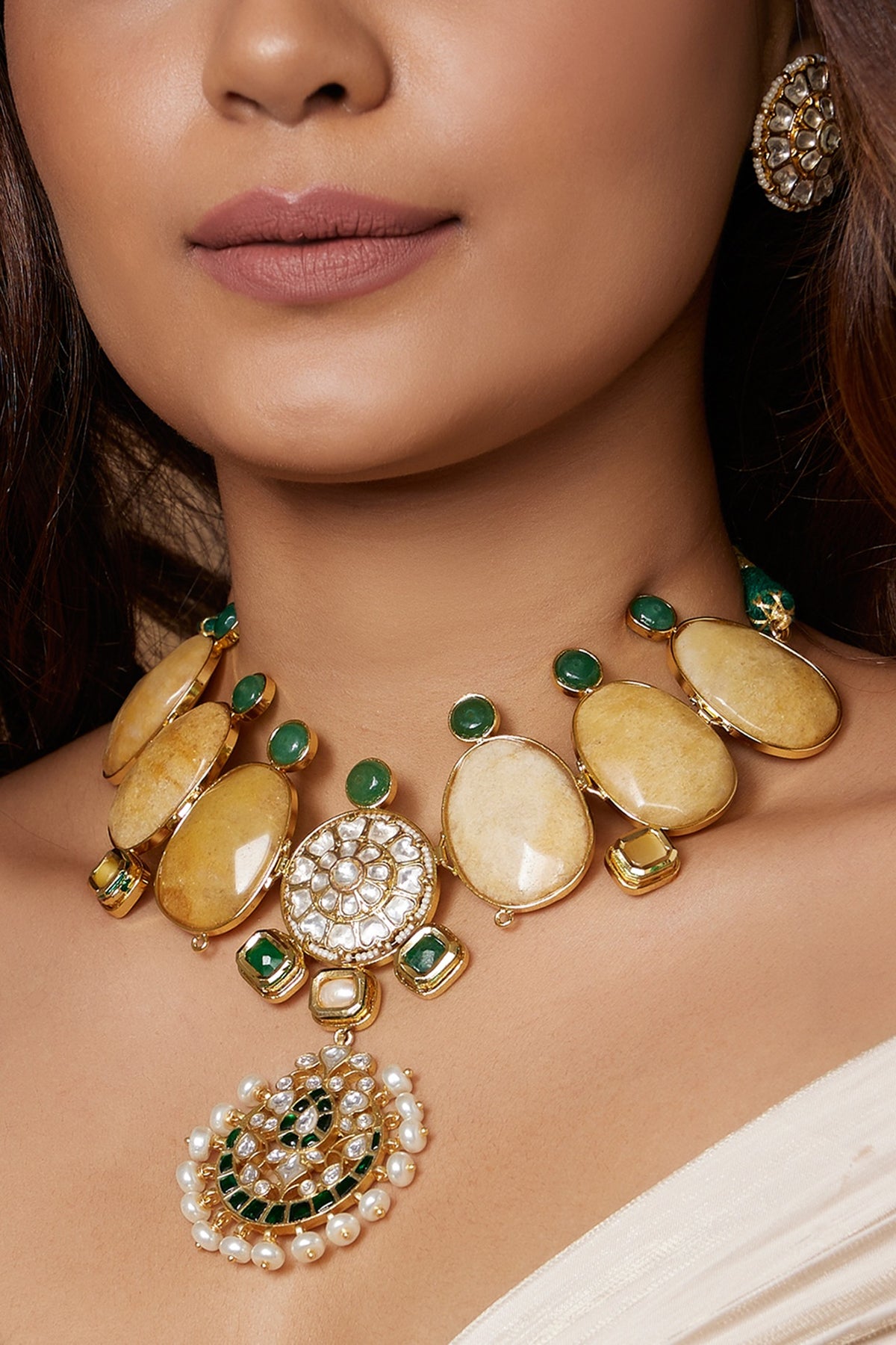 Gold Finish Yellow Agate Pendant Necklace Set