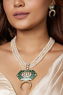 Gold Finish Green Enameled Pendant Necklace Set