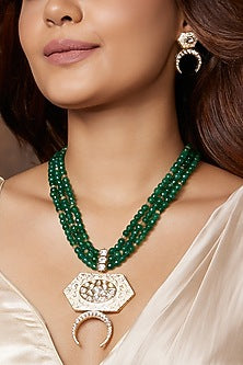 Gold Finish Green Beaded Pendant Necklace Set