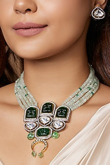 Gold Finish Green Beaded Pendant Necklace Set