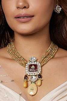 Gold Finish Kundan Polki Handcrafted Necklace Set