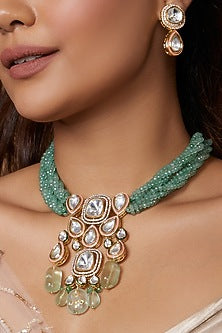 Gold Finish Green Kundan Polki Necklace Set