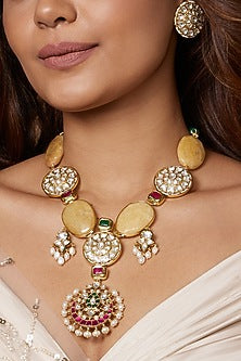 Gold Finish Kundan Polki Pendant Necklace Set